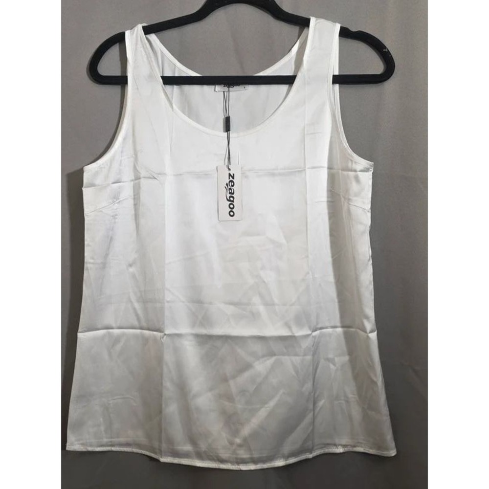 Zeagoo Womens White Satin Tank Top Scoop Neck Sleeveless Shell S NWT